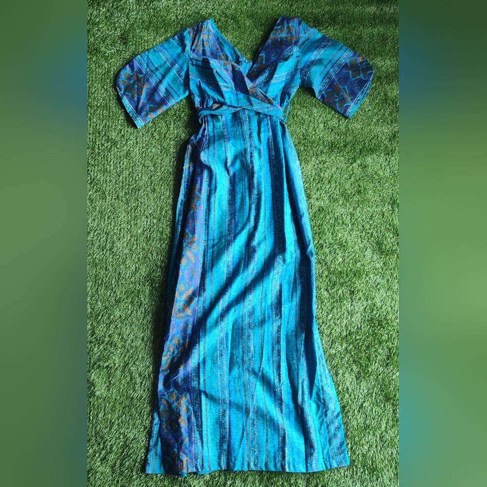 Vintage Nani of Hawaii Dress 60s Turquoise Teal Green Hawaiian Size 10 Cotton